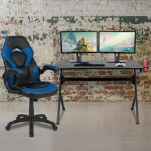 Load image into Gallery viewer, Black Gaming Desk and Blue and Black Racing Chair Set
