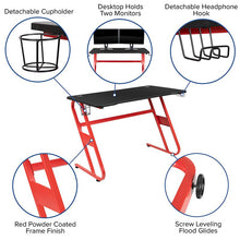 Load image into Gallery viewer, Red Gaming Desk and Blue/Black Racing Chair Set
