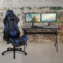 Load image into Gallery viewer, Black Gaming Desk and Blue Footrest Reclining Gaming Chair Set
