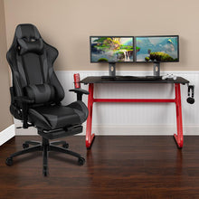 Load image into Gallery viewer, Red Gaming Desk with Cup Holder/Headphone Hook &amp; Gray Reclining Gaming Chair

