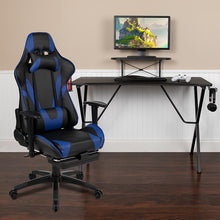 Load image into Gallery viewer, Black Gaming Desk/Headphone Hook and Monitor/Smartphone Stand, Blue Gaming Chair
