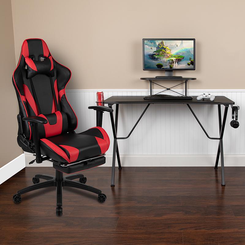 Black Gaming Desk and Red/Black Footrest Gaming Chair Set
