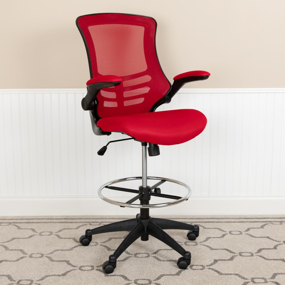 Mid-Back Red Mesh Drafting Chair with Adjustable Foot Ring and Flip-Up Arms