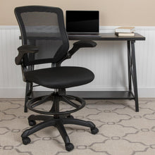 Load image into Gallery viewer, Mid-Back Black Mesh Drafting Chair with Adjustable Foot Ring and Flip-Up Arms
