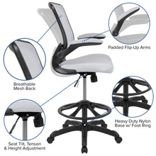 Load image into Gallery viewer, Mid-Back White Mesh Drafting Chair with Adjustable Foot Ring and Flip-Up Arms
