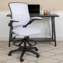 Load image into Gallery viewer, Mid-Back White Mesh Drafting Chair with Adjustable Foot Ring and Flip-Up Arms
