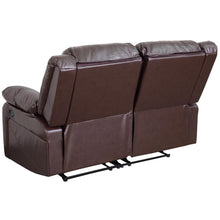 Load image into Gallery viewer, Brown LeatherSoft Loveseat with Two Built-In Recliners
