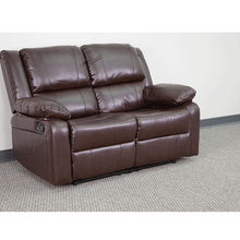 Load image into Gallery viewer, Brown LeatherSoft Loveseat with Two Built-In Recliners
