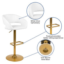 Load image into Gallery viewer, White Vinyl Adjustable Height Barstool with Rounded Mid-Back and Gold Base
