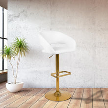 Load image into Gallery viewer, White Vinyl Adjustable Height Barstool with Rounded Mid-Back and Gold Base
