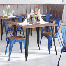Load image into Gallery viewer, Blue Metal Indoor-Outdoor Stackable Chair with Teak Poly Resin Wood Seat
