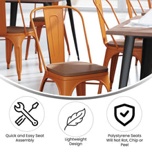 Load image into Gallery viewer, Orange Metal Indoor-Outdoor Stackable Chair with Teak Poly Resin Wood Seat
