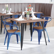 Load image into Gallery viewer, Blue Metal Indoor-Outdoor Chair with Arms with Teak Poly Resin Wood Seat
