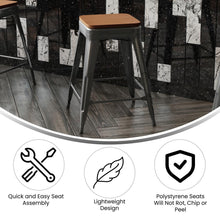 Load image into Gallery viewer, 24" High Black Metal Indoor-Counter Height Stool with Teak Poly Resin Wood Seat
