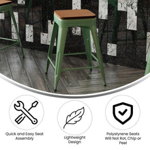 Load image into Gallery viewer, 24" High Green Metal Indoor-Counter Height Stool with Teak Poly Resin Wood Seat
