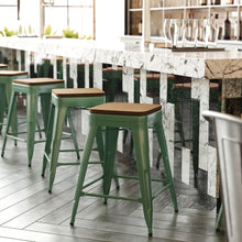 Load image into Gallery viewer, 24" High Green Metal Indoor-Counter Height Stool with Teak Poly Resin Wood Seat
