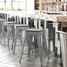 Load image into Gallery viewer, 24" High Silver Metal Indoor-Counter Height Stool with Gray Poly Resin Wood Seat
