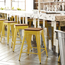 Load image into Gallery viewer, 24" High Yellow Metal Indoor-Counter Height Stool with Teak Poly Resin Wood Seat
