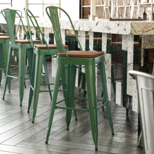 Load image into Gallery viewer, 30" High Green Metal Bar Height Stool with Teak All-Weather Poly Resin Seat
