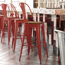 Load image into Gallery viewer, 30" High Red Metal Bar Height Stool with Teak All-Weather Poly Resin Seat
