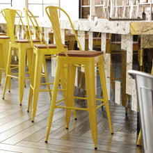 Load image into Gallery viewer, 30" High Yellow Metal Bar Height Stool with Teak All-Weather Poly Resin Seat
