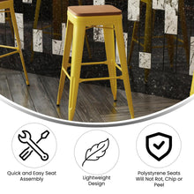 Load image into Gallery viewer, 30" High Yellow Metal Indoor-Outdoor Barstool with Teak Poly Resin Wood Seat
