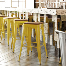 Load image into Gallery viewer, 30" High Yellow Metal Indoor-Outdoor Barstool with Teak Poly Resin Wood Seat
