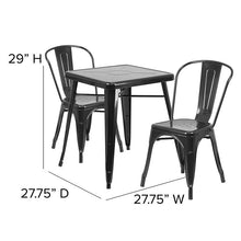 Load image into Gallery viewer, 23.75" Square Black Metal Indoor-Outdoor Table Set with 2 Stack Chairs
