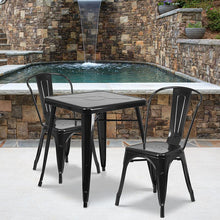 Load image into Gallery viewer, 23.75" Square Black Metal Indoor-Outdoor Table Set with 2 Stack Chairs
