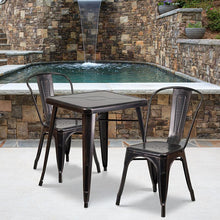 Load image into Gallery viewer, 23.75" Black-Antique Gold Metal Indoor-Outdoor Table Set with 2 Stack Chairs
