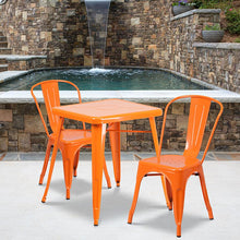 Load image into Gallery viewer, 23.75" Square Orange Metal Indoor-Outdoor Table Set with 2 Stack Chairs
