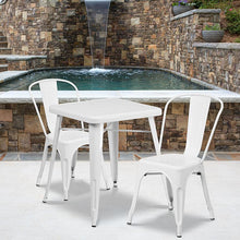 Load image into Gallery viewer, 23.75" Square White Metal Indoor-Outdoor Table Set with 2 Stack Chairs
