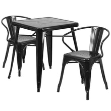 Load image into Gallery viewer, 23.75" Square Black Metal Indoor-Outdoor Table Set with 2 Arm Chairs
