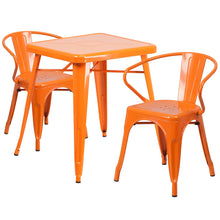 Load image into Gallery viewer, 23.75" Square Orange Metal Indoor-Outdoor Table Set with 2 Arm Chairs
