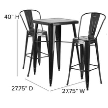 Load image into Gallery viewer, 23.75" Square Black Metal Indoor-Outdoor Bar Table Set with 2 Stools with Backs

