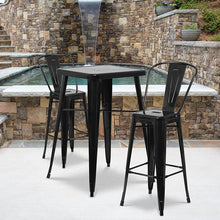 Load image into Gallery viewer, 23.75" Square Black Metal Indoor-Outdoor Bar Table Set with 2 Stools with Backs
