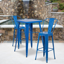 Load image into Gallery viewer, 23.75" Square Blue Metal Indoor-Outdoor Bar Table Set with 2 Stools with Backs

