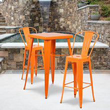 Load image into Gallery viewer, 23.75" Square Orange Metal Indoor-Outdoor Bar Table Set with 2 Stools with Backs
