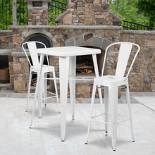 Load image into Gallery viewer, 23.75" Square White Metal Indoor-Outdoor Bar Table Set with 2 Stools with Backs
