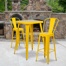 Load image into Gallery viewer, 23.75" Square Yellow Metal Indoor-Outdoor Bar Table Set with 2 Stools with Backs
