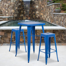Load image into Gallery viewer, 23.75" Blue Metal Indoor-Outdoor Bar Table Set with 2 Seat Backless Stools
