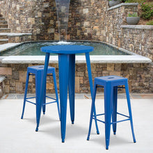 Load image into Gallery viewer, 24" Round Blue Metal Indoor-Outdoor Bar Table Set with 2 Seat Backless Stools

