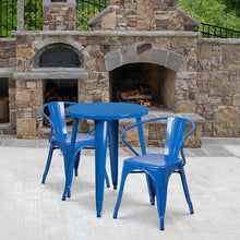 Load image into Gallery viewer, 24" Round Blue Metal Indoor-Outdoor Table Set with 2 Arm Chairs
