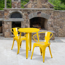 Load image into Gallery viewer, 24" Round Yellow Metal Indoor-Outdoor Table Set with 2 Arm Chairs
