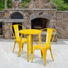 Load image into Gallery viewer, 24" Round Yellow Metal Indoor-Outdoor Table Set with 2 Cafe Chairs
