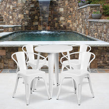 Load image into Gallery viewer, 24" Round White Metal Indoor-Outdoor Table Set with 4 Arm Chairs

