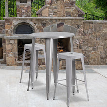Load image into Gallery viewer, 30" Round Silver Metal Indoor-Outdoor Bar Table Set with 2 Seat Backless Stools

