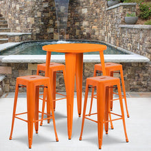 Load image into Gallery viewer, 30" Round Orange Metal Indoor-Outdoor Bar Table Set with 4 Seat Backless Stools
