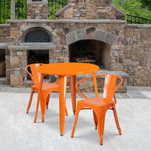 Load image into Gallery viewer, 30" Round Orange Metal Indoor-Outdoor Table Set with 2 Arm Chairs

