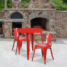 Load image into Gallery viewer, 30" Round Red Metal Indoor-Outdoor Table Set with 2 Arm Chairs
